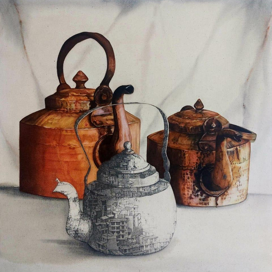 Still Life Art. Three vintage-style teapots on a textured white surface.