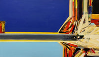 Original Abstract oil painting of a sky-inspired horizon in indigo, blue, and gold.