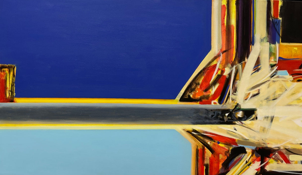 Original Abstract oil painting of a sky-inspired horizon in indigo, blue, and gold.