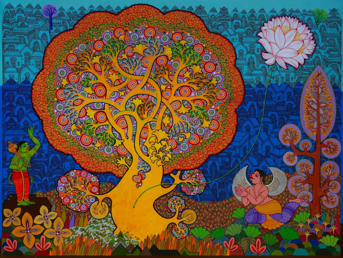 Chandra Morkonda's acrylic canvas painting of Lord Vishnu's white lotus rising from Tree of Life to bless city.