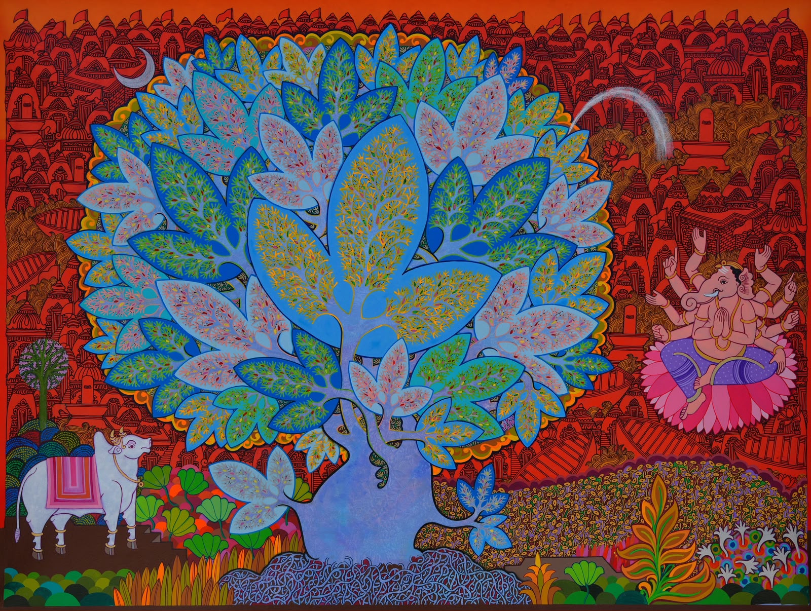 Chandra Morkonda's acrylic canvas painting of Maha Vishnu white lotus Tree of Life.