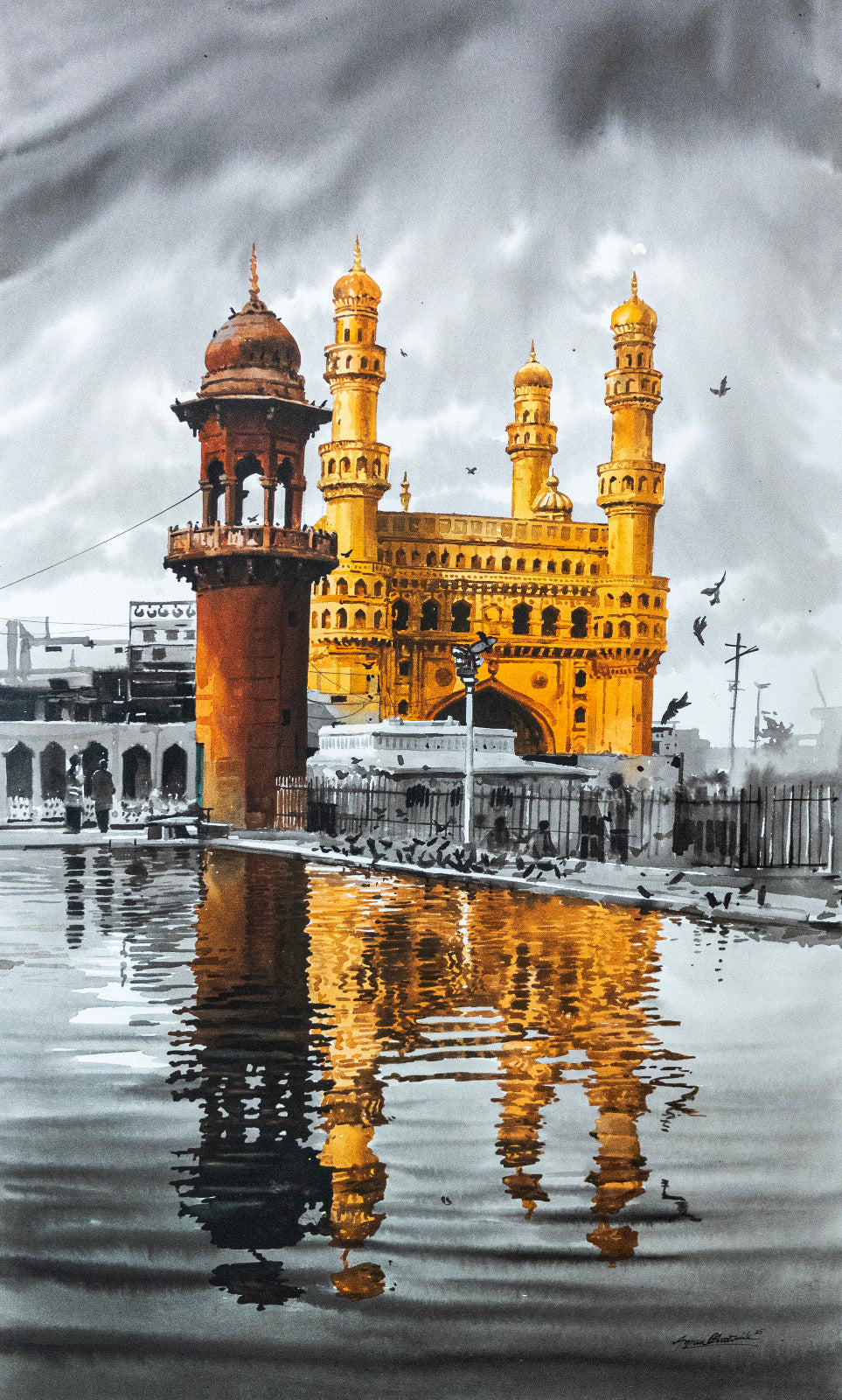 Charminar Hyderabad monochrome painting with golden structure reflection by Arpan Bhowmik
