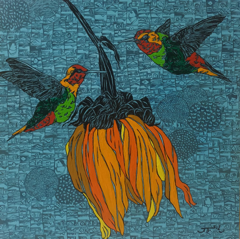 Chirpy Birds: Nature and Floral Blooms is a small and detailed painting fetauring two birds flocking next to a bloom.