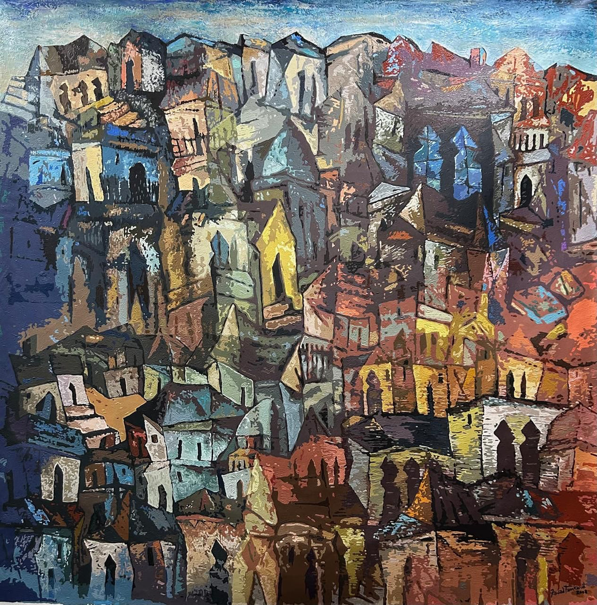 Fawad creates a aryclic painting featuring a cityscape with heavy abstraction; the seemingly simple composition is created with multiple layers of paint adding to depth in artwork.