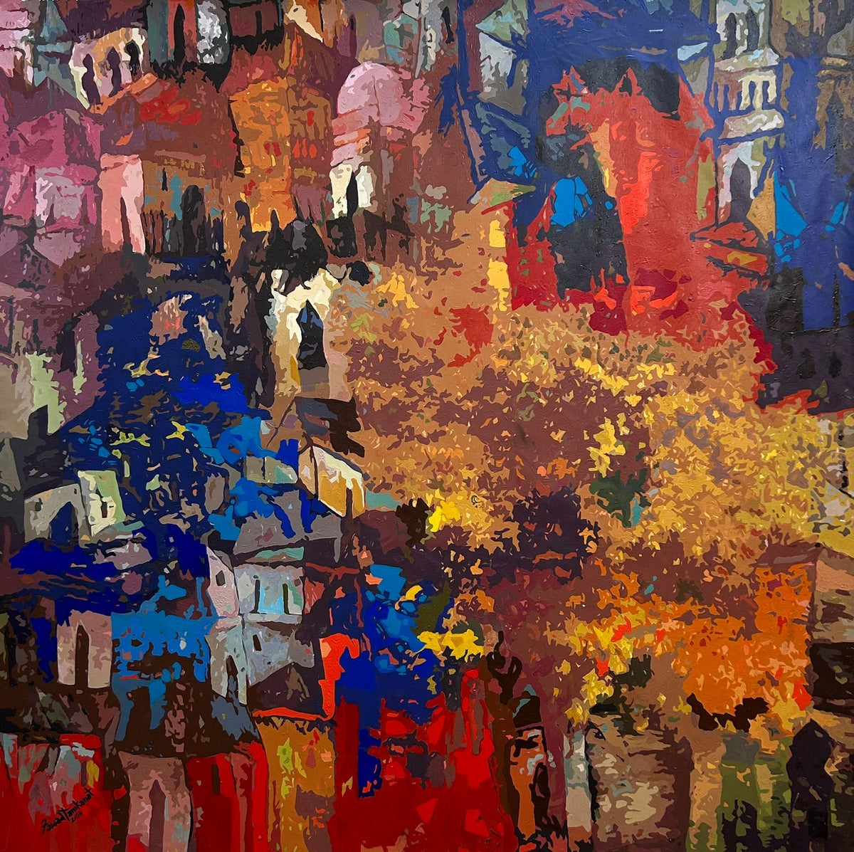 Fawad creating a cityscape with heavy abstraction; the seemingly simple composition is created with multiple layers of paint adding to depth in artwork.