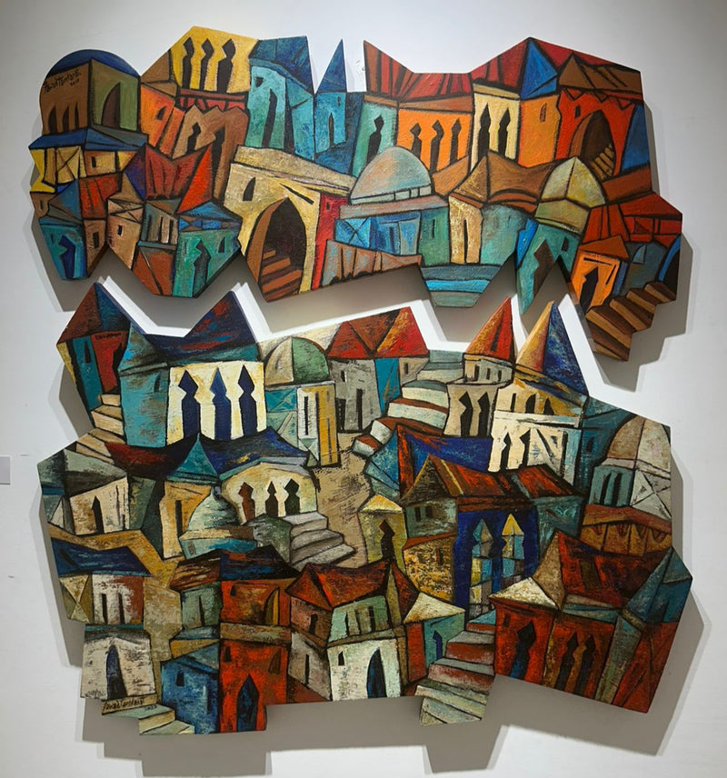 Set of two acrylic on wood cityscapes. City architecture with pointed roofs, doms and steps is highlighted. 