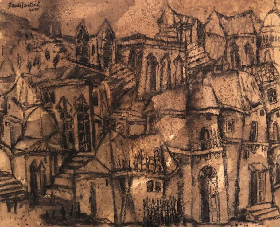 Charcoal drawing of a cityscape on rice paper pasted on canvas, signed by the artist.