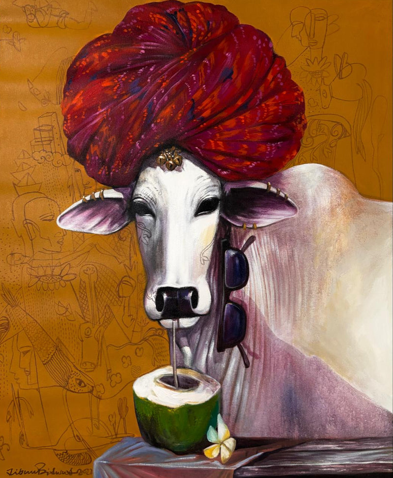 Painting of a cow with a red turban drinking from a coconut against an abstract background