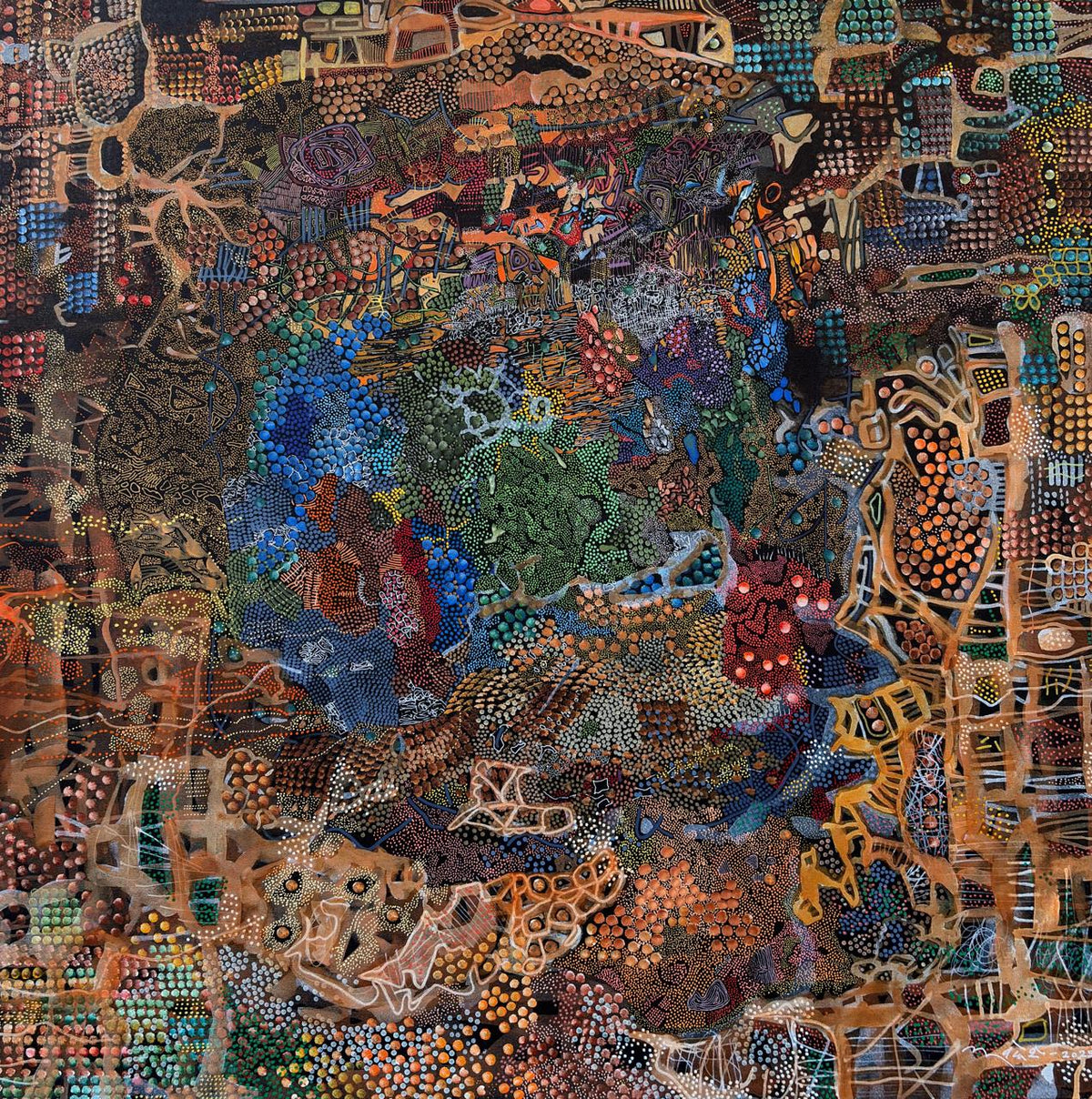 Awdhesh Bajpai original detailed dot pattern abstract painting Cosmos featuring intricate layered dots symbolizing universe creation.