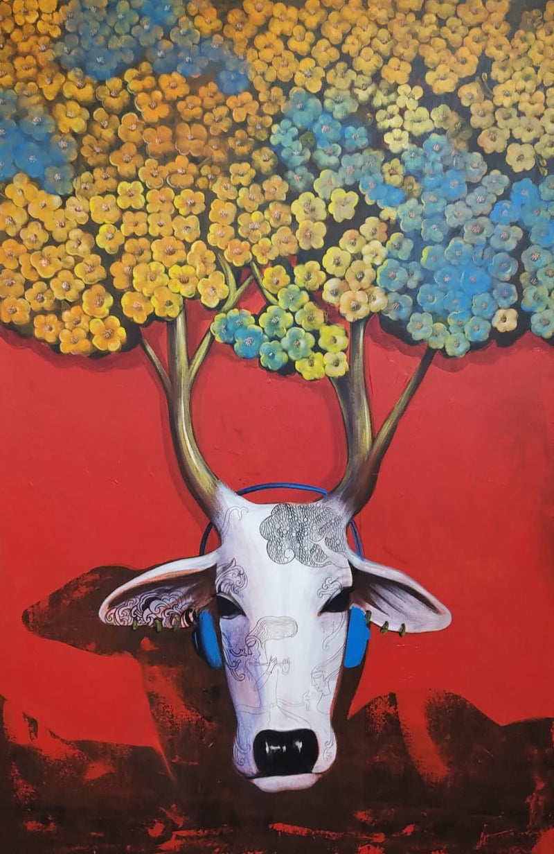 Artistic depiction of a cow's head with decorative patterns against a colorful tree background.