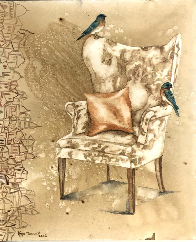 The perfect artworks for nature enthusiasts. Afza's work featuring birds perched on an armchair invite our outdoors into our indoors to create a warm space. 