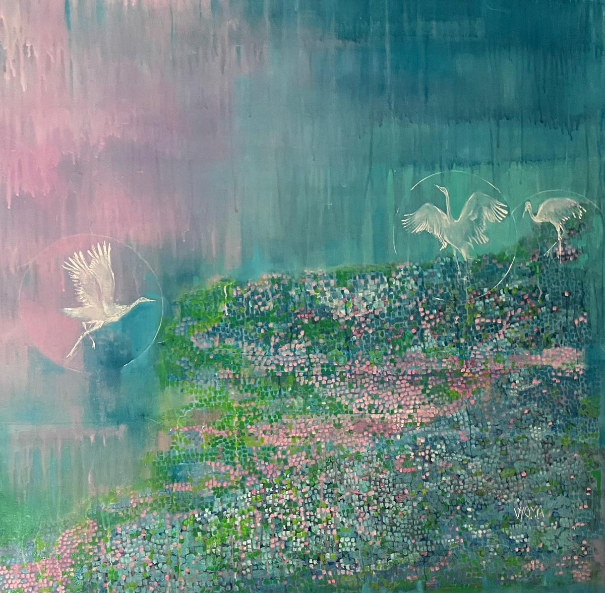 Abstract nature artwork with cranes and floral elements of pond on a textured background.