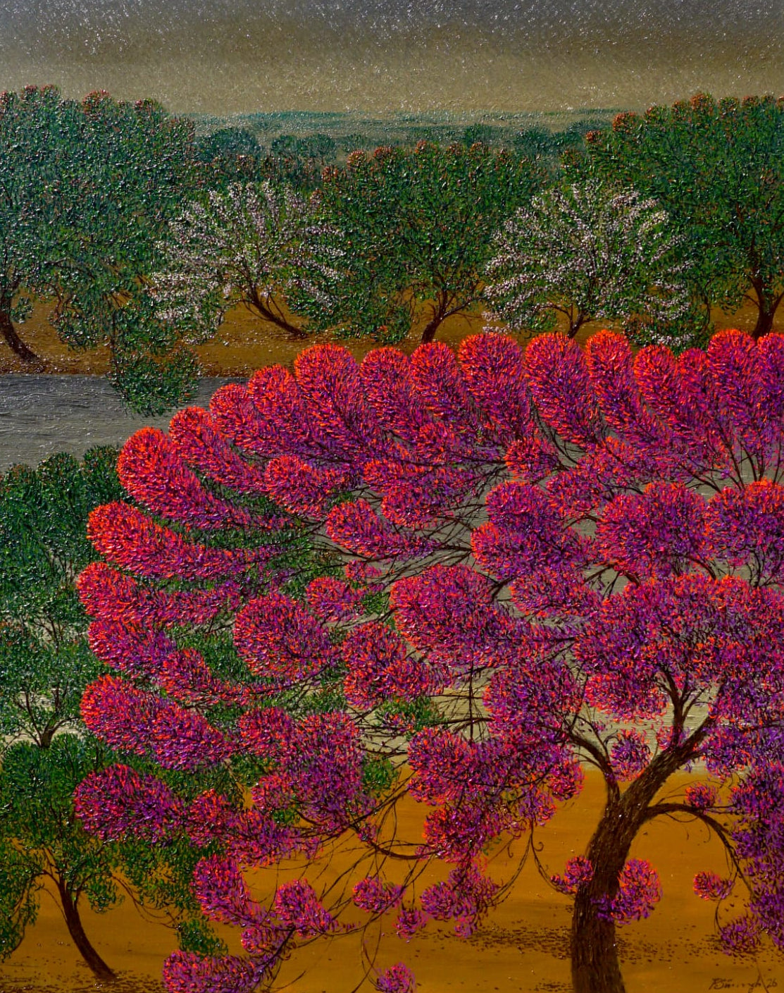 Tree oil painting of a crimson blossom tree over golden fields and a lake.