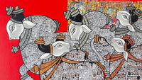 Close up of VIvek Kumavat Nandi Painting: Bold colorblocked red backdrop contrasts with 5 monochrome bulls.
