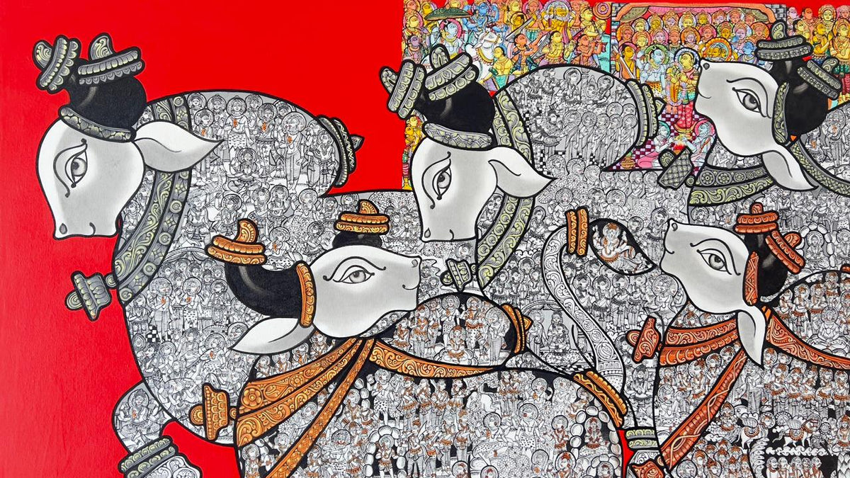 Close up of VIvek Kumavat Nandi Painting: Bold colorblocked red backdrop contrasts with 5 monochrome bulls.