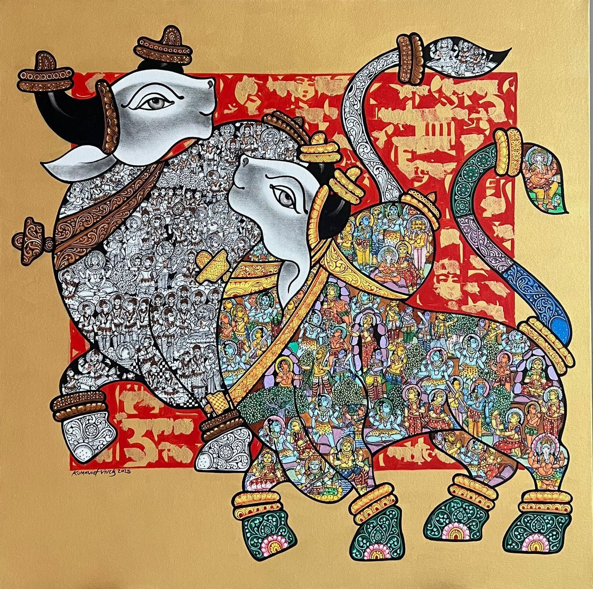 The soft gold background and vibrant red calligraphic text beautifully accentuate the boisterous Nandis, brought to life with incredible detail