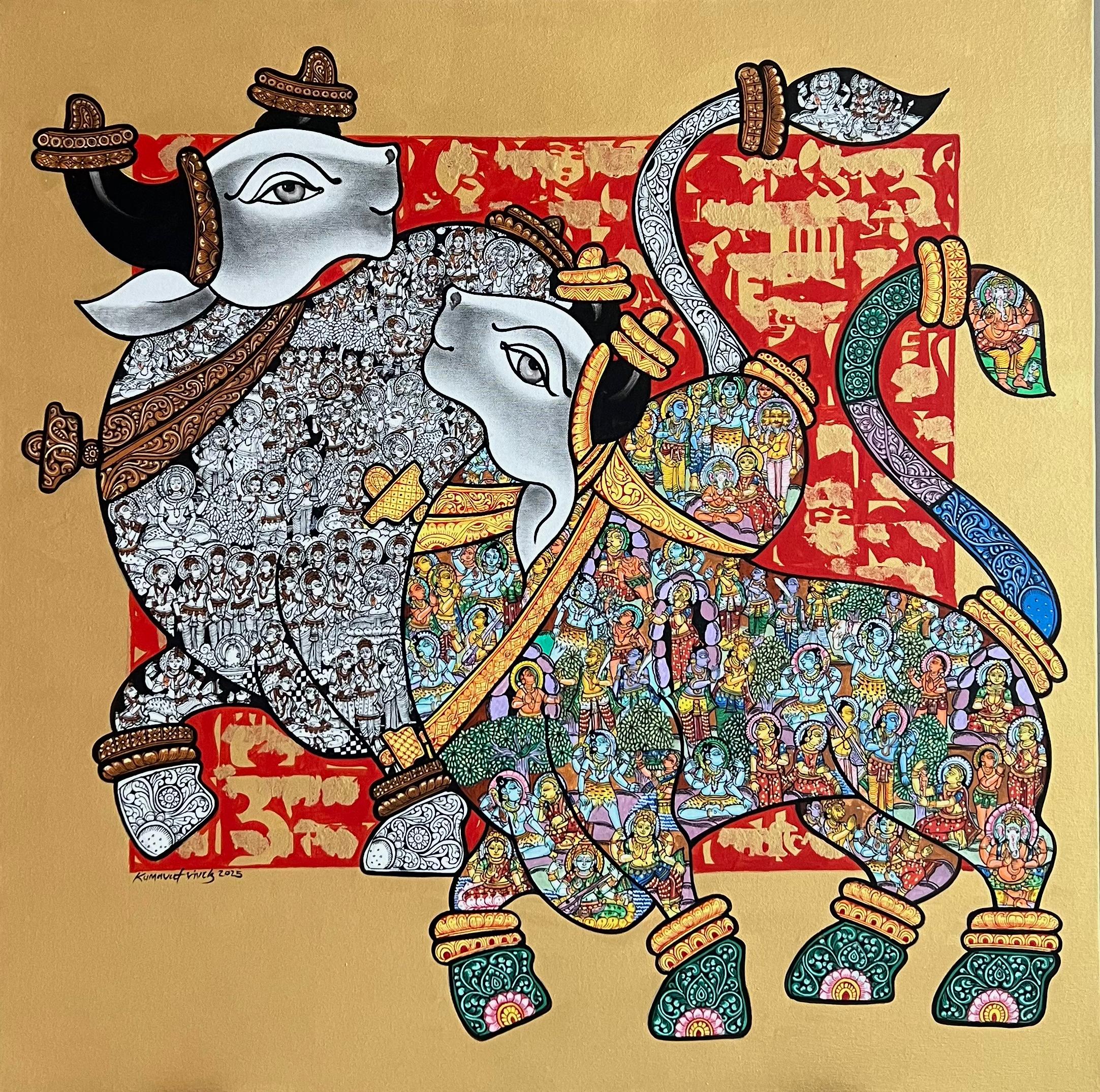 The soft gold background and vibrant red calligraphic text beautifully accentuate the boisterous Nandis, brought to life with incredible detail