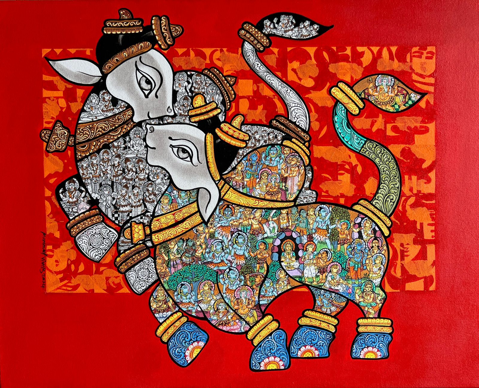 Painting by Vivek Kumavat depicting two nandis (bulls) with the references of Lord Shiva and Parvatis life detailed in the body of nandi. 