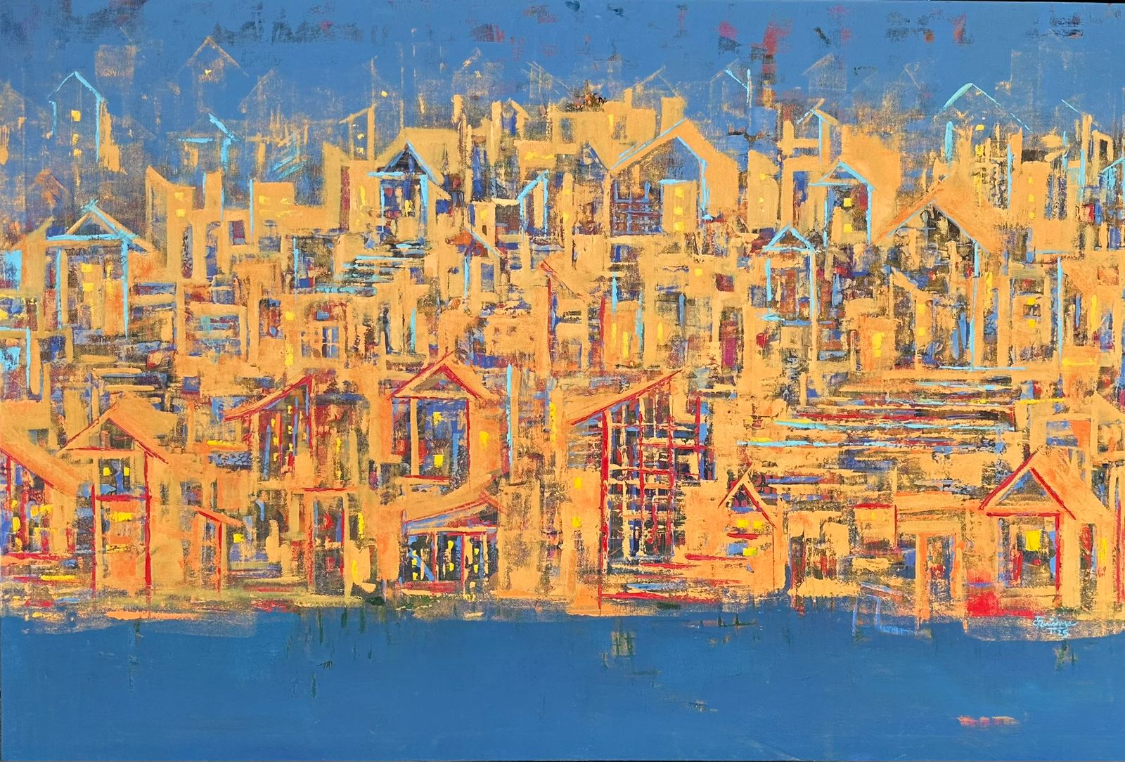 Abstract art with geometric shapes and blue background representing a cityscape. Art by Karishma Wadhwa.