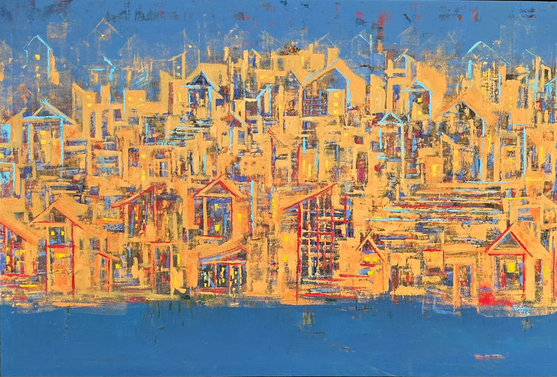 Abstract art with geometric shapes and blue background representing a cityscape. Art by Karishma Wadhwa.