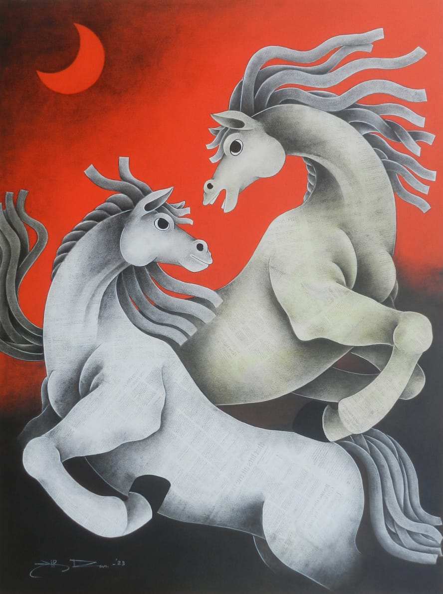 Two horses makes playful strides under the moons crescent shadow. Artist HR Das does a remarkable acrylic and charcoal work