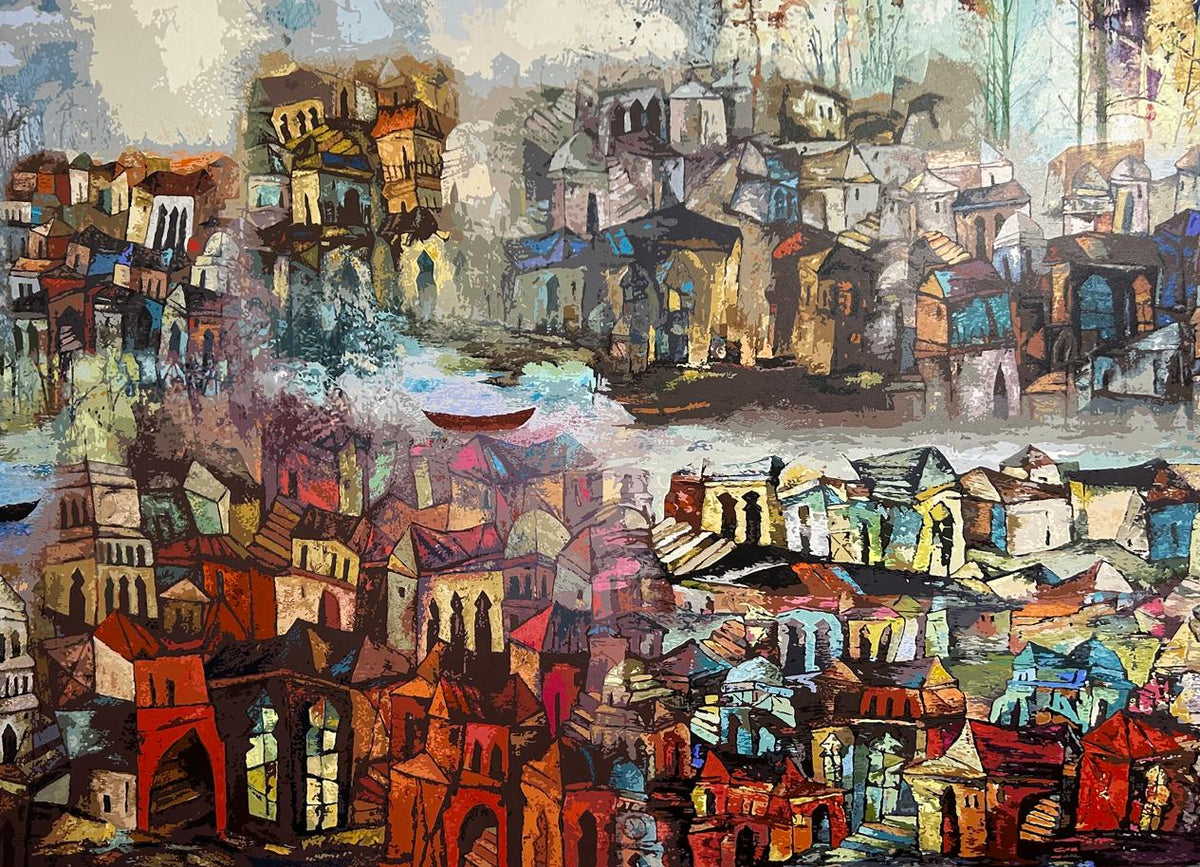 Abstract painting of a cityscape with colorful buildings and a river streaming in between.