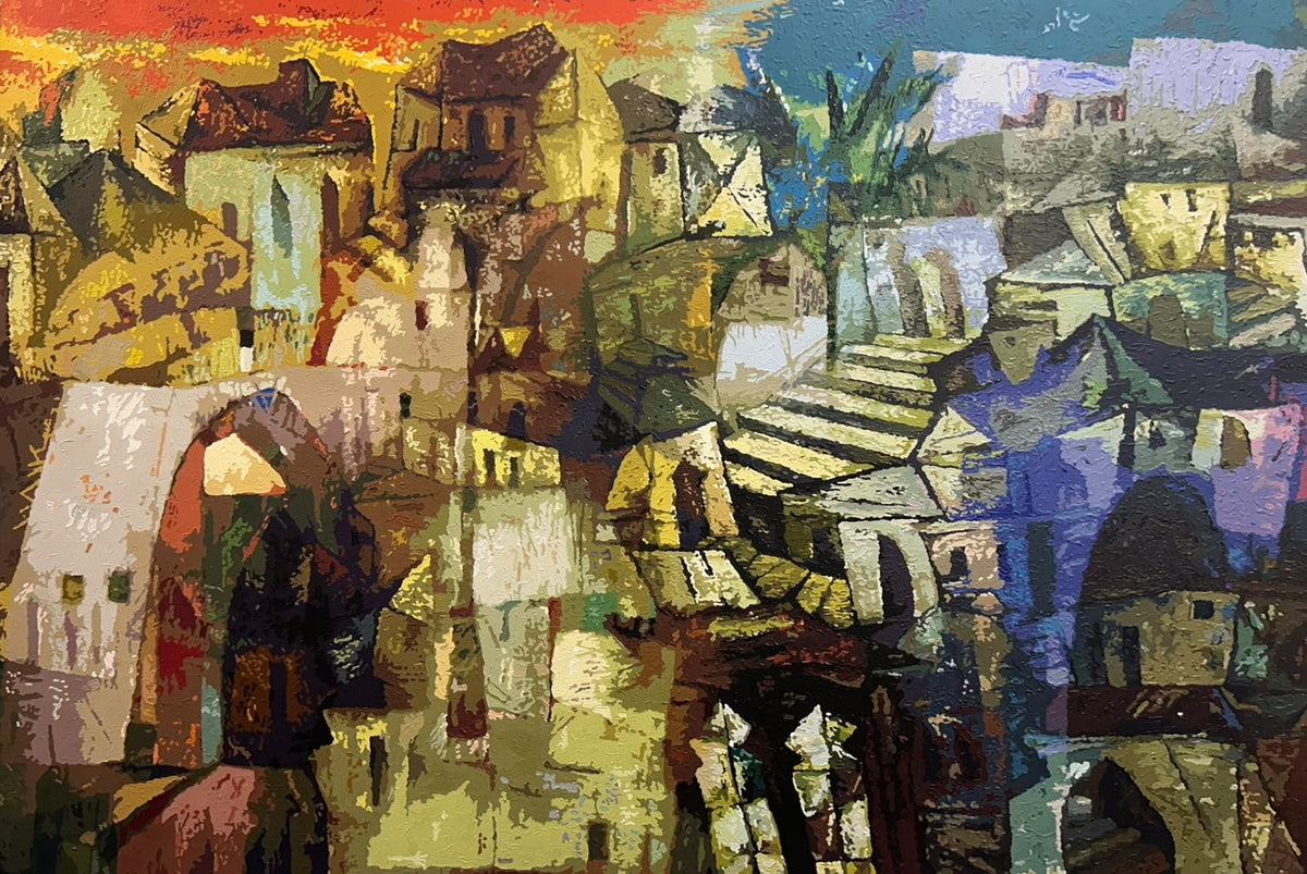 Fawad Tamkanat original architectural cityscape painting Dawn and Dusk featuring dual light palette of glowing orange and textured blue | Artazzle
