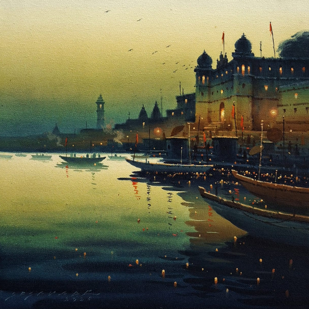 Small square contemporary painting of Varanasi ghats at dawn with tranquil blue tones, sunbeams, and temple silhouettes by Siddharth Gavade.