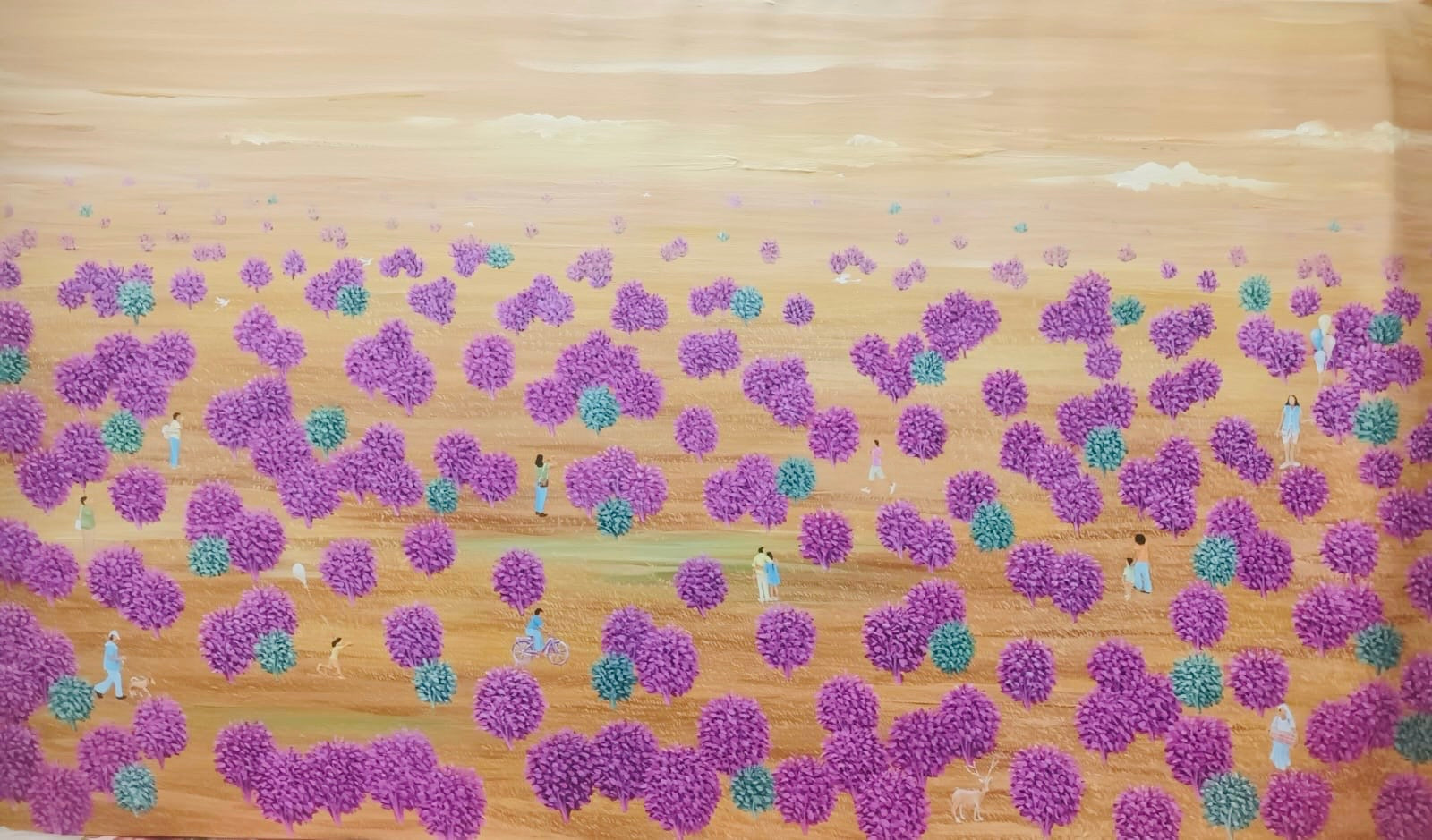 Urban City Art. Painting has aerial view of a park with purple bushes and people unwinding in park.