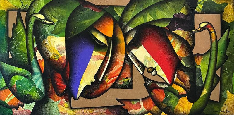 Jagganath Paul weaves magic and love on canvas portraying the tenderness and intimacy of love between a couple.