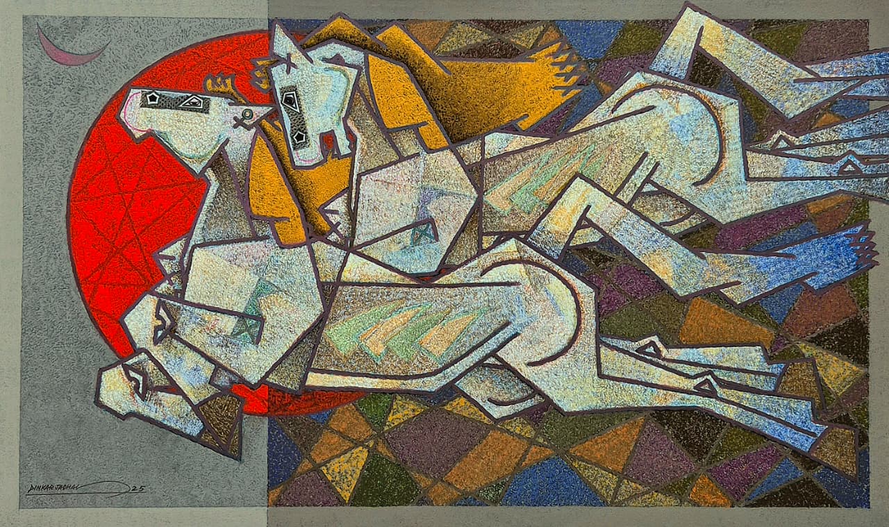 captures the dynamic strength and speed of horses in motion while highlighting the enduring love between the couple beneath a moonlit sky. This sophisticated piece evokes both powerful energy and intimate connection, blending movement and emotion into a timeless portrayal of unity.