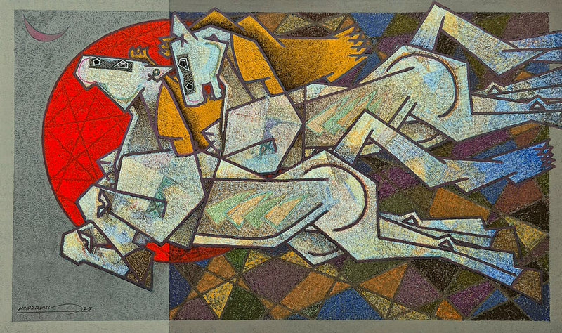 captures the dynamic strength and speed of horses in motion while highlighting the enduring love between the couple beneath a moonlit sky. This sophisticated piece evokes both powerful energy and intimate connection, blending movement and emotion into a timeless portrayal of unity.