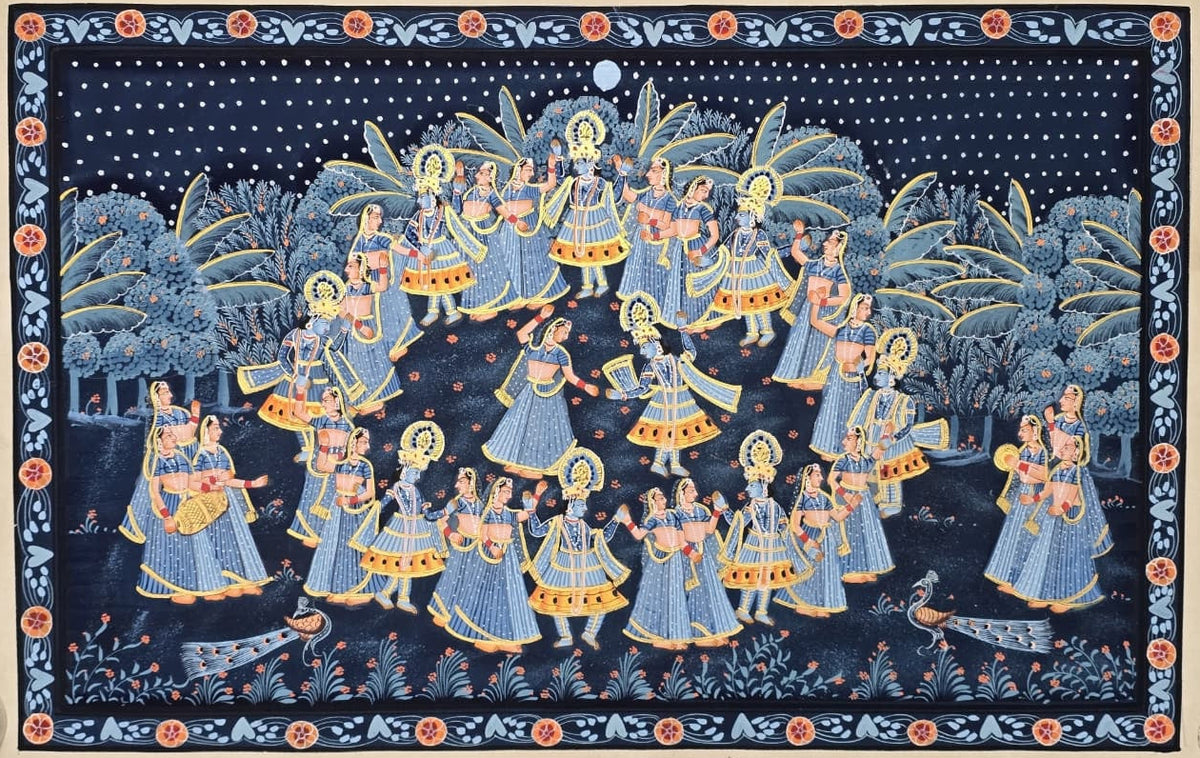 Stunning midnight blue Pichwai painting of Radha and Krishna's Ras Leela under a moonlit sky, circled by musical Gopis.