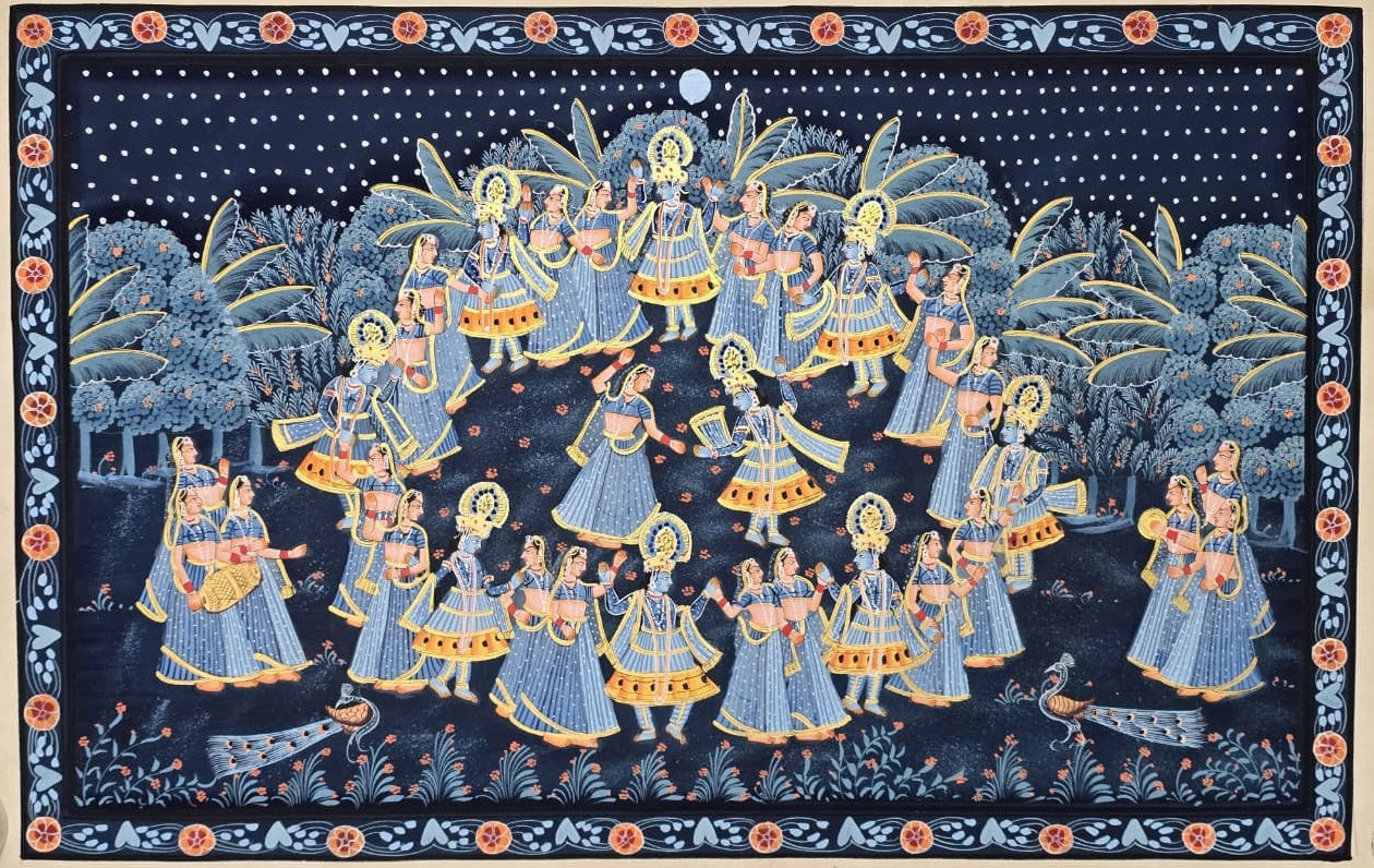Stunning midnight blue Pichwai painting of Radha and Krishna's Ras Leela under a moonlit sky, circled by musical Gopis.