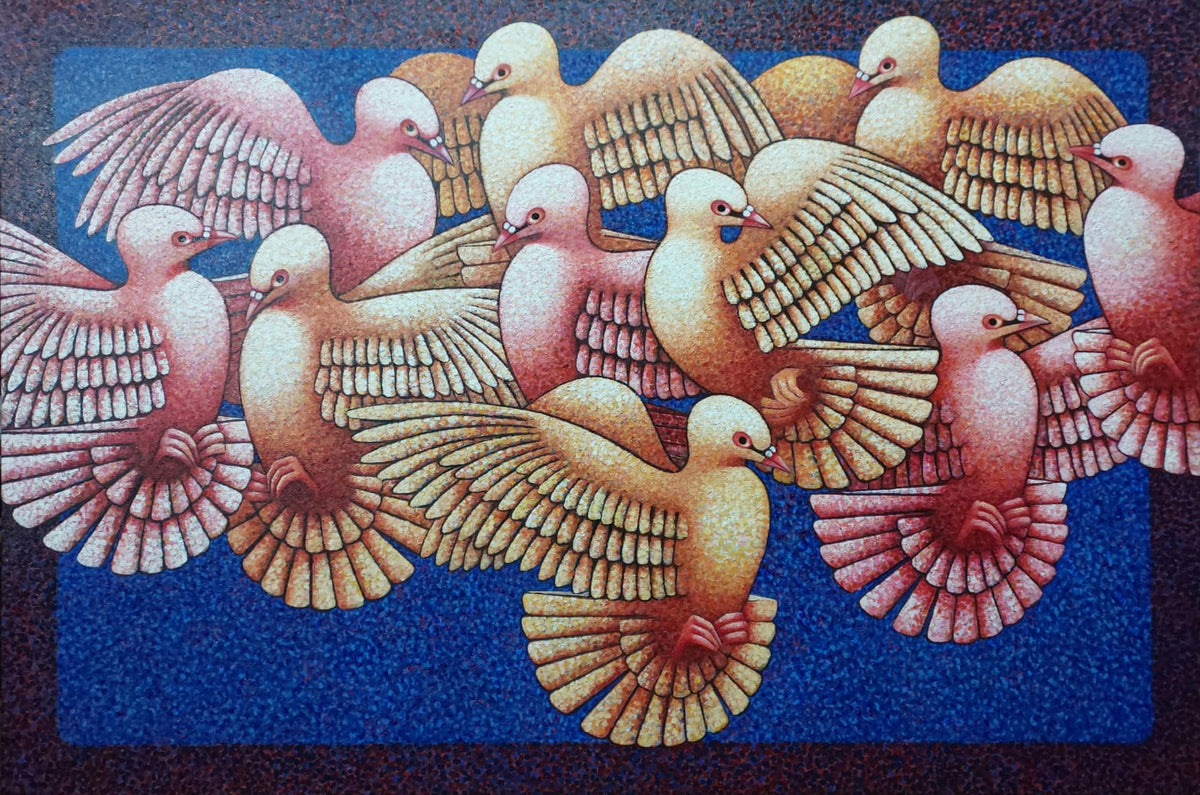 Horizontal birds flock oil painting by Amar Sultan.  White doves flying on electric blue canvas.