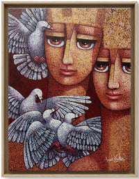 Two faces and doves in a painting setting.