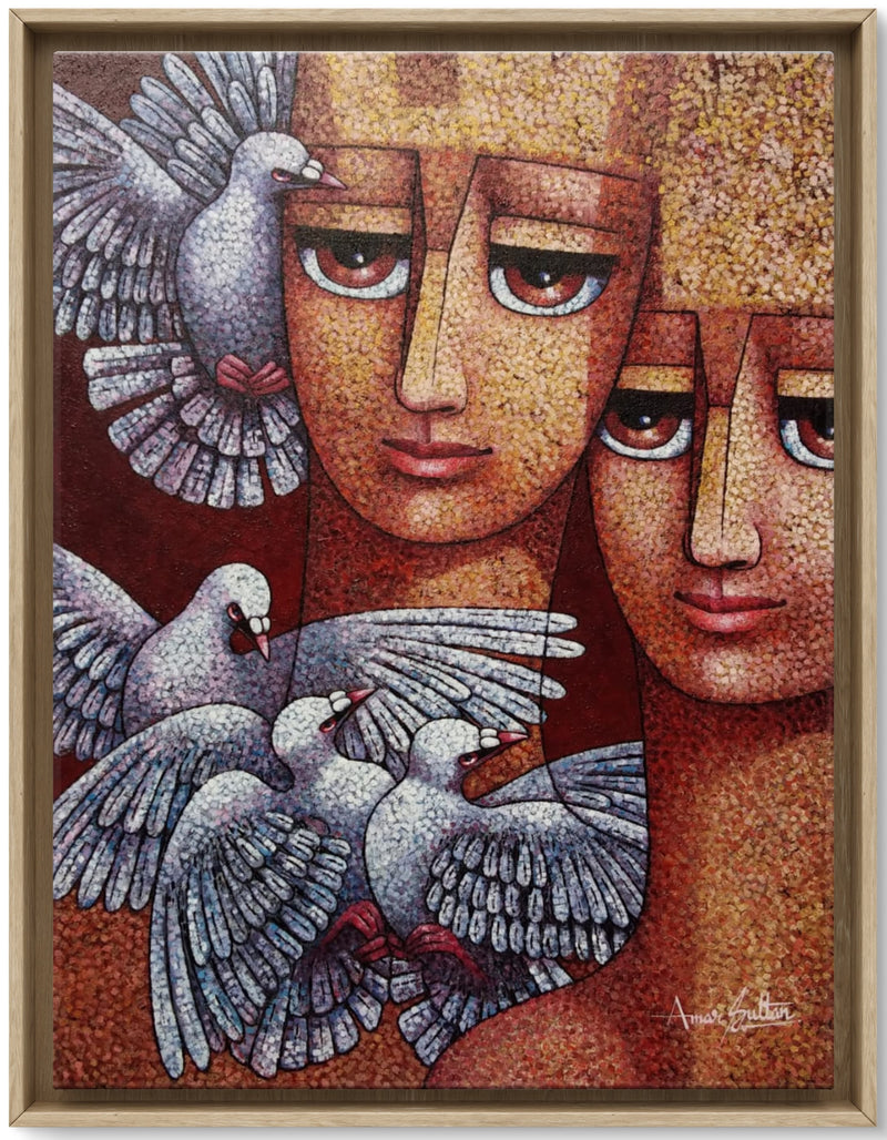Two faces and doves in a painting setting.
