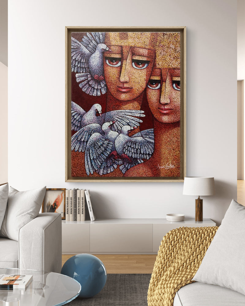 Framed artwork with two faces and doves in a living room setting. 