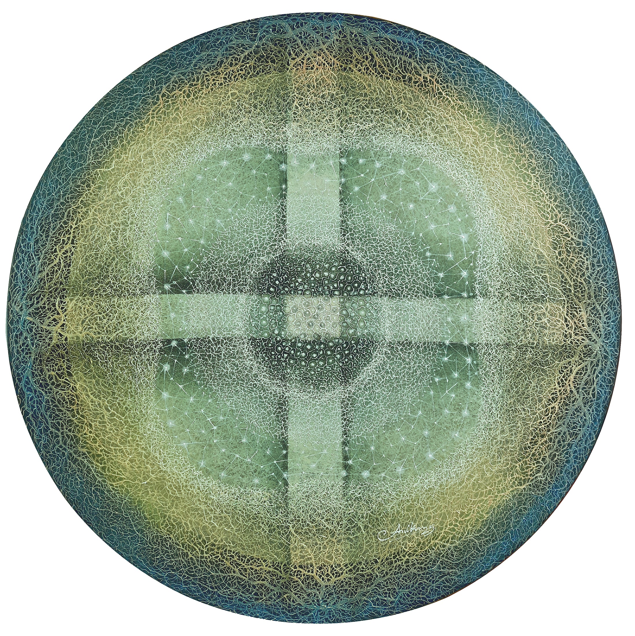 Circular abstract art in soft green tones by Anil Vishwakarma; organic abstract canvas