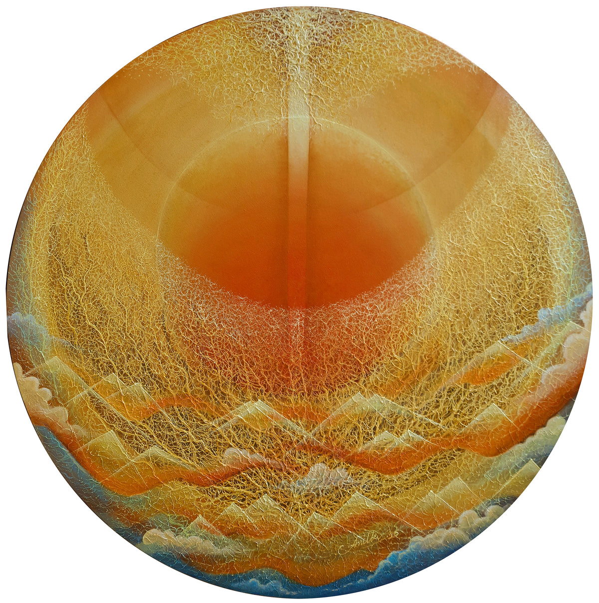 Circular nature art in warm gold and orange tones by Anil Vishwakarma; sun rises above mountains and sea.