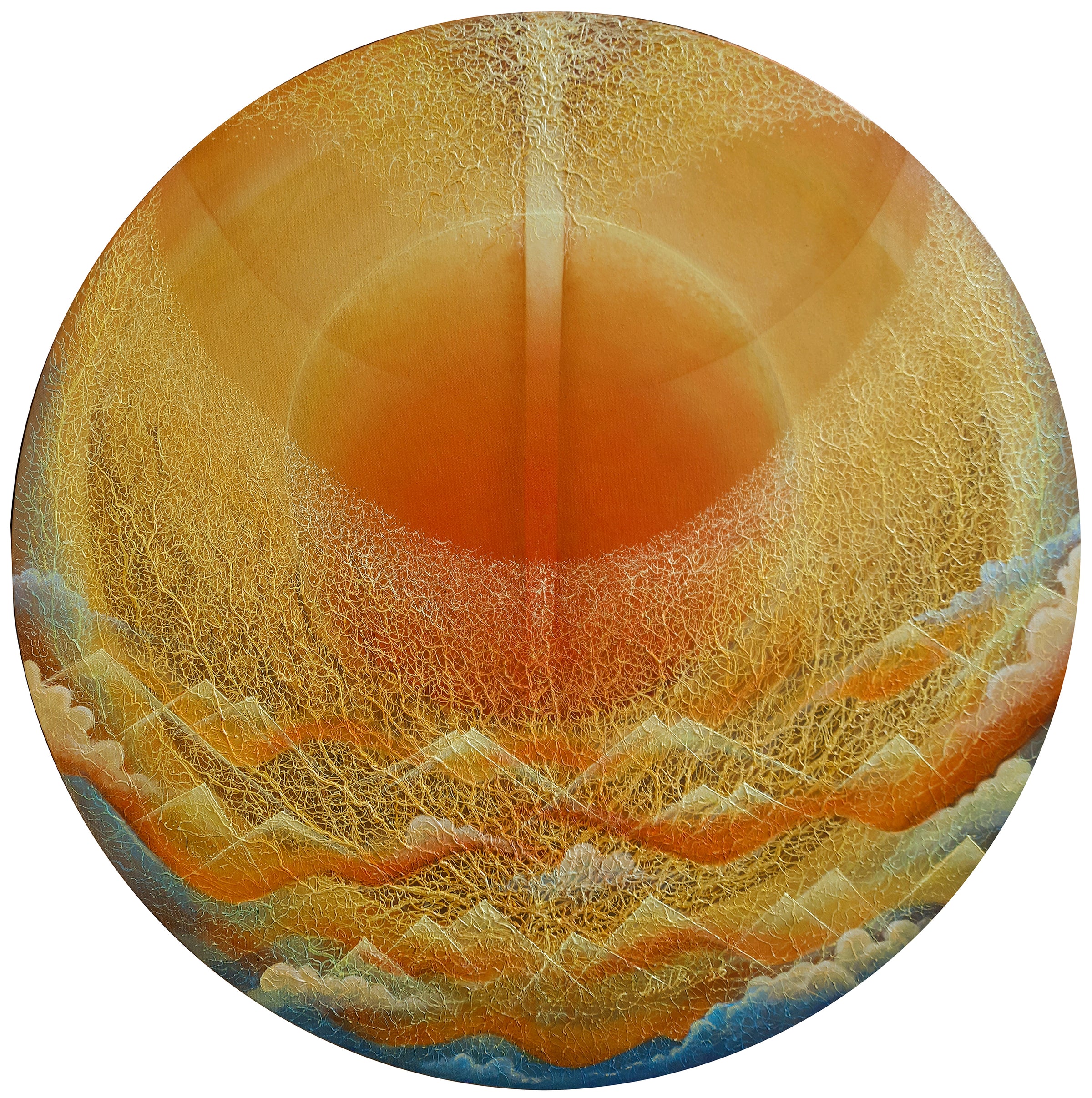 Circular nature art in warm gold and orange tones by Anil Vishwakarma; sun rises above mountains and sea.