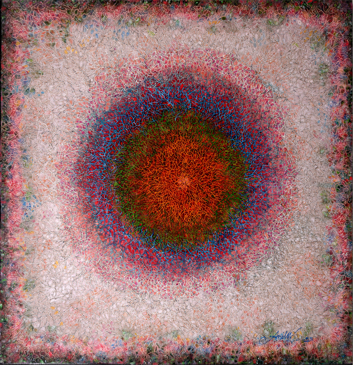 Square colorful abstract art by Anil Vishwakarma; celestial tapestry canvas with raised root motifs
