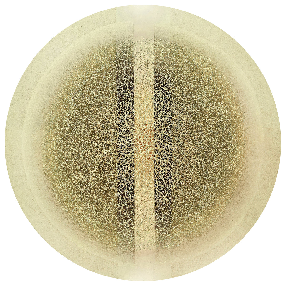 Circular abstract painting in soft gold tones by Anil Vishwakarma; organic abstract art.