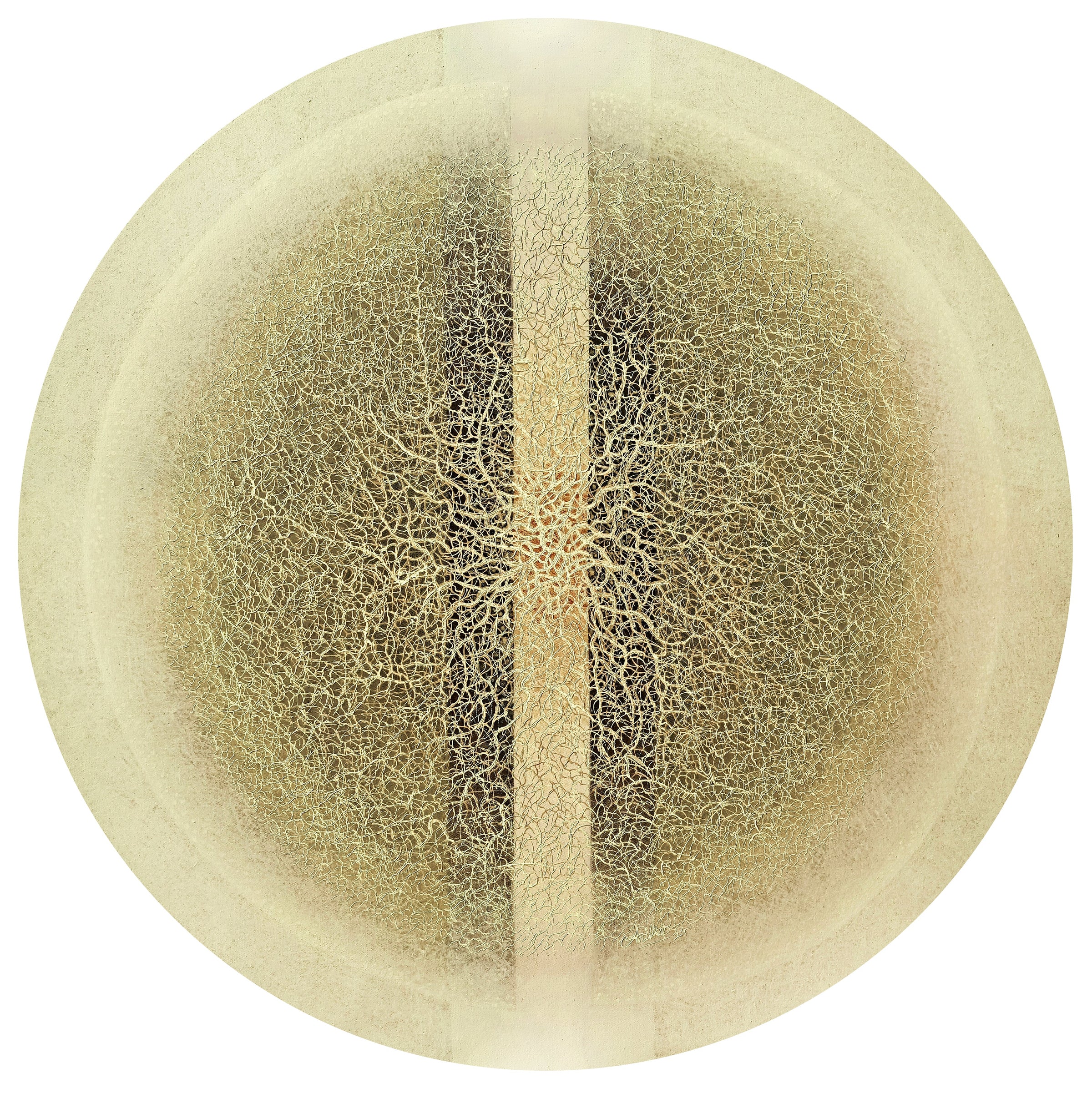 Circular abstract painting in soft gold tones by Anil Vishwakarma; organic abstract art.