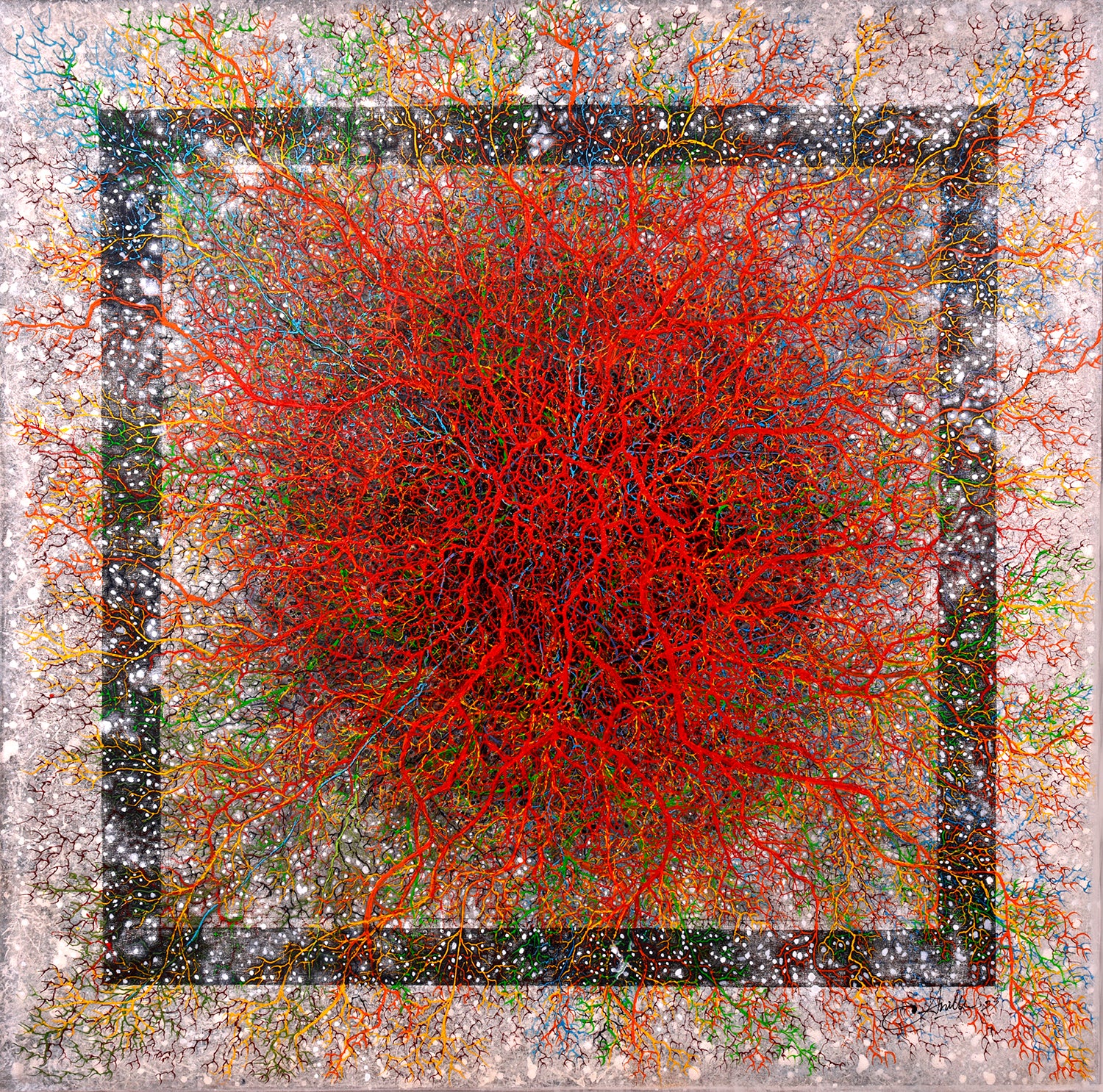 Vibrant organic abstract painting in red tones by Anil Vishwakarma; roots spread out from centre.