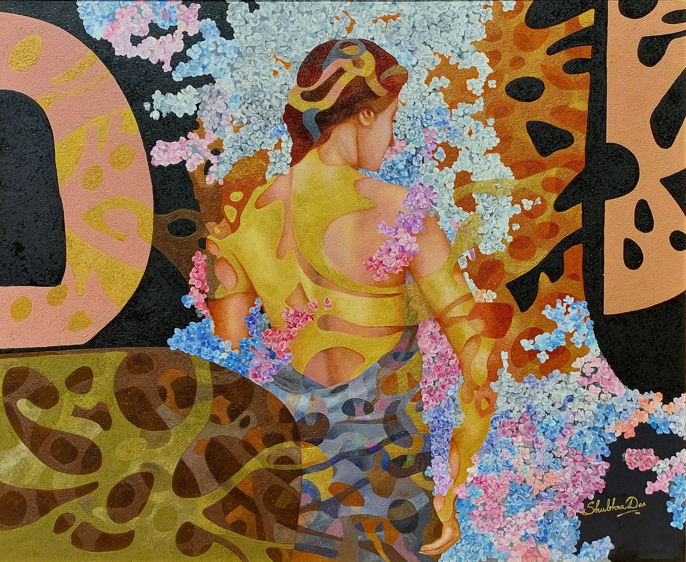 Shubhra's paintings reflect on both our inner feelings and our love for nature. Painted here is a beautiful woman with her back facing the onlooker, while carpet of flowers covers her bare back. Strong abstract elements in the backdrop add to the allure.