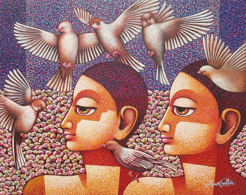 Figurative canvas painting by Amar Sultan depicts couple faces and white birds on purple backdrop. 