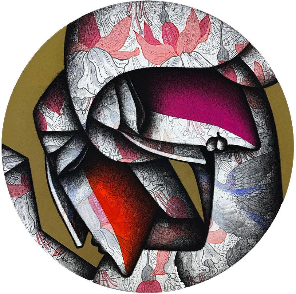 Circular couple art in beige and crimson tones with floral pattern .