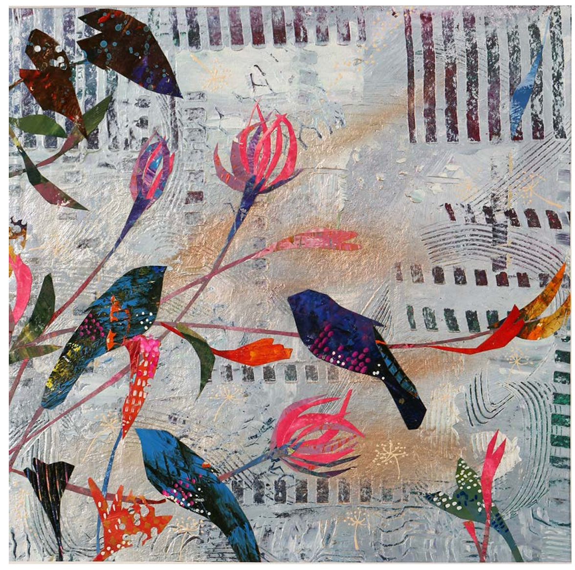 A mixed-media nature artwork by Shibani Seghal depicts birds and flowers on a textured backdeop.