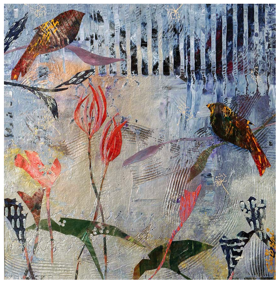 Shibani Sehgal mixed media art on paper features birds and flowers on abstract pattern in sublime tones. 